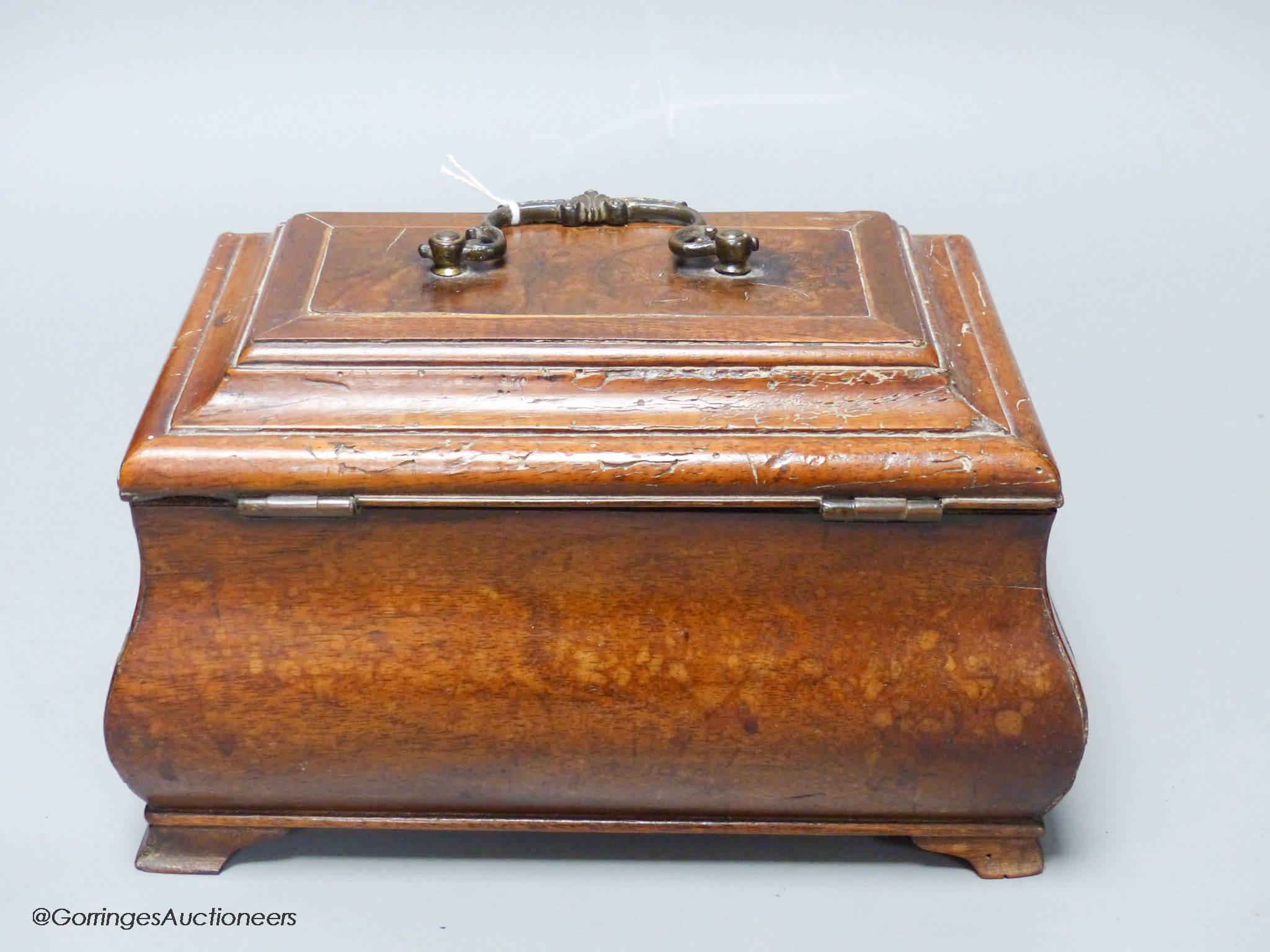 A George II walnut bombe tea caddy, with burr walnut panels, 22 x 13cm
